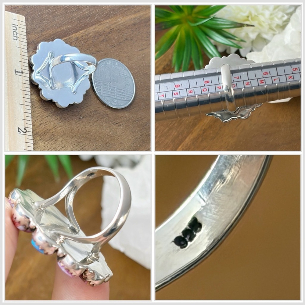 Pure Sterling Silver 925 Pink Dahlia Turquoise Cluster Ring 7 1/4 Navajo Style - Picture 10 of 11